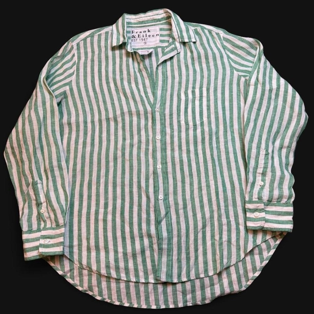 Frank & Eileen Eileen Linen Green White striped Shirt Women's Small Italian